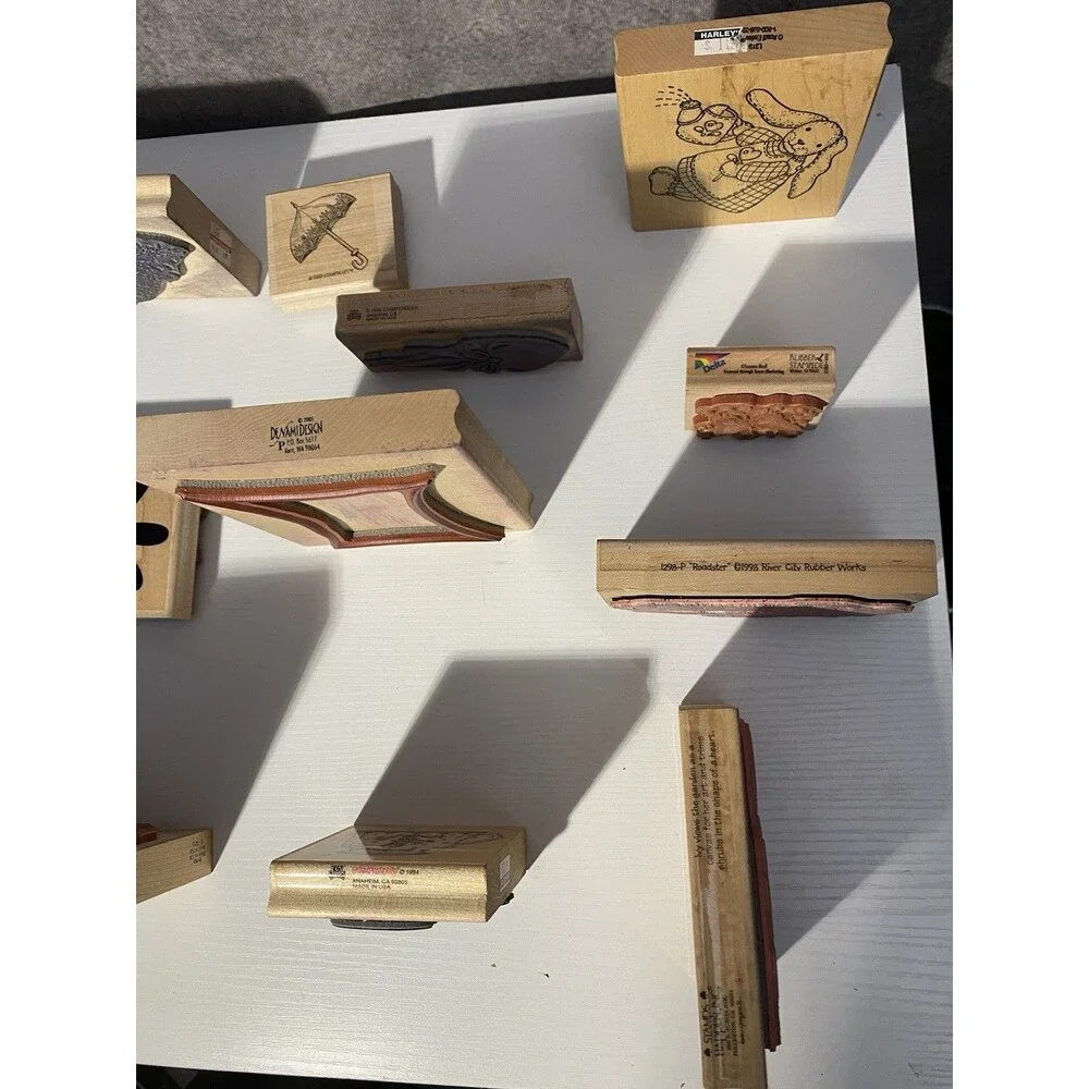 Lot 11 Vtg Wood Rubber Stamps: River City Roadster, Denami, Stampin' Up!, Misc